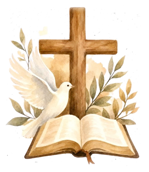 Cruz de madera con una paloma y una Biblia abierta